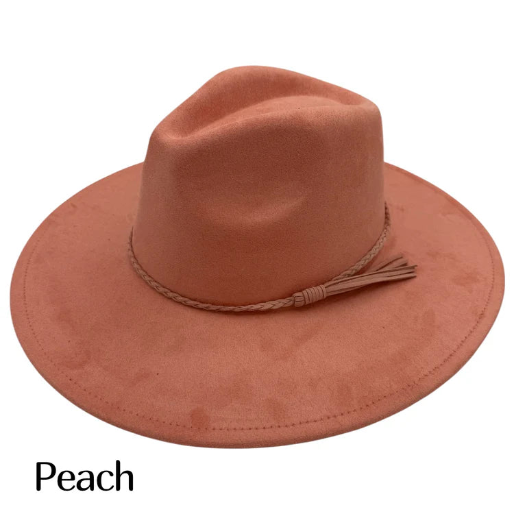 Suede fedora hat in peach with braided band and tassel detail