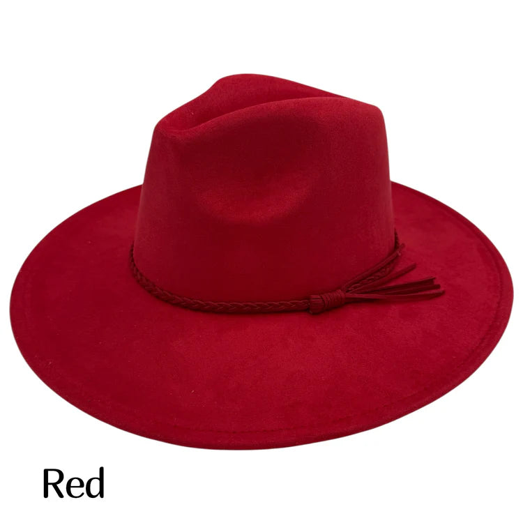 Suede fedora hat in red with braided band and tassel detail