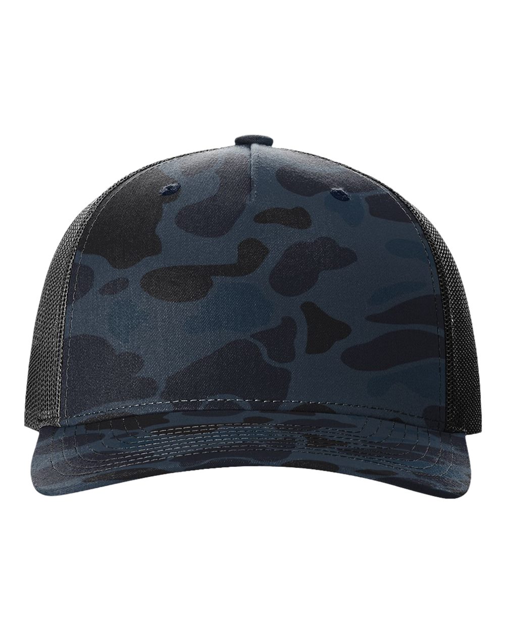 Dark blue camouflage trucker cap with dark mesh side panels and curved brim