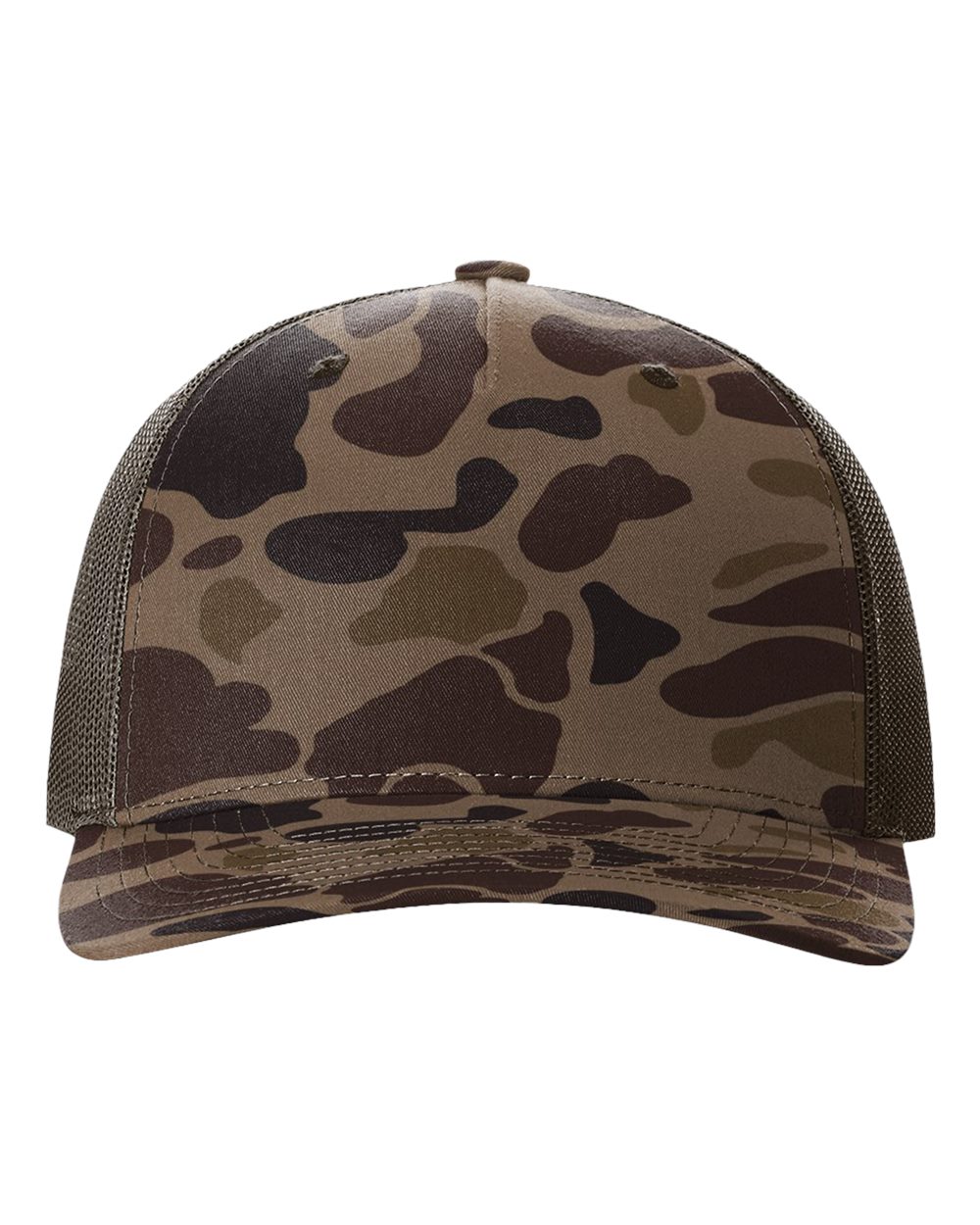 Brown camouflage trucker cap with tan mesh side panels and curved brim