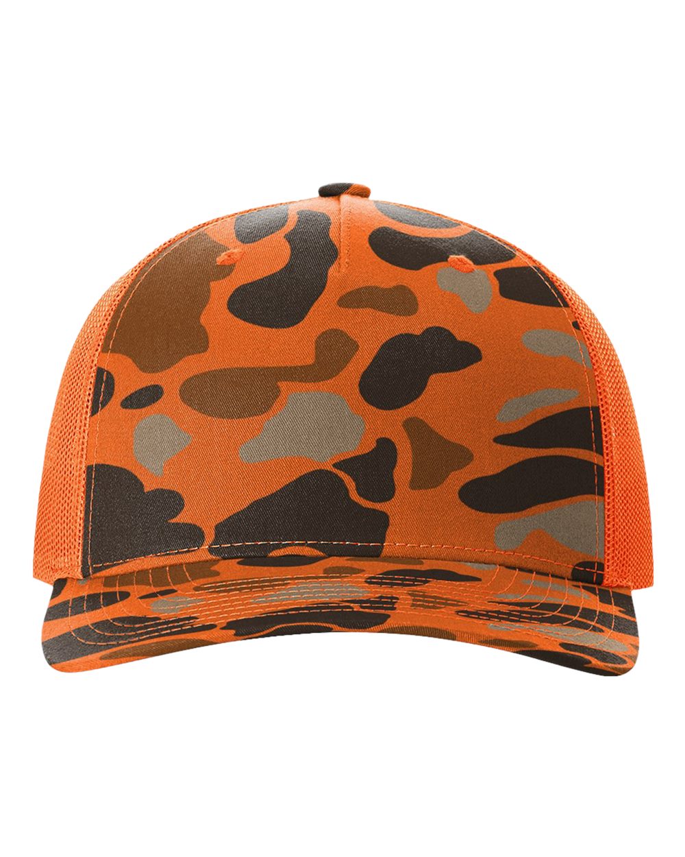 Orange camouflage trucker cap with black mesh side panels and curved brim