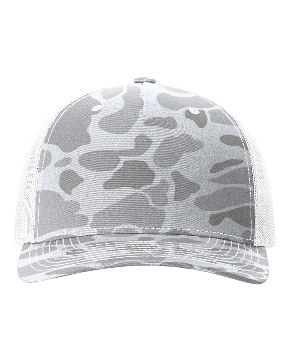 Light gray camouflage trucker cap with white mesh side panels and curved brim
