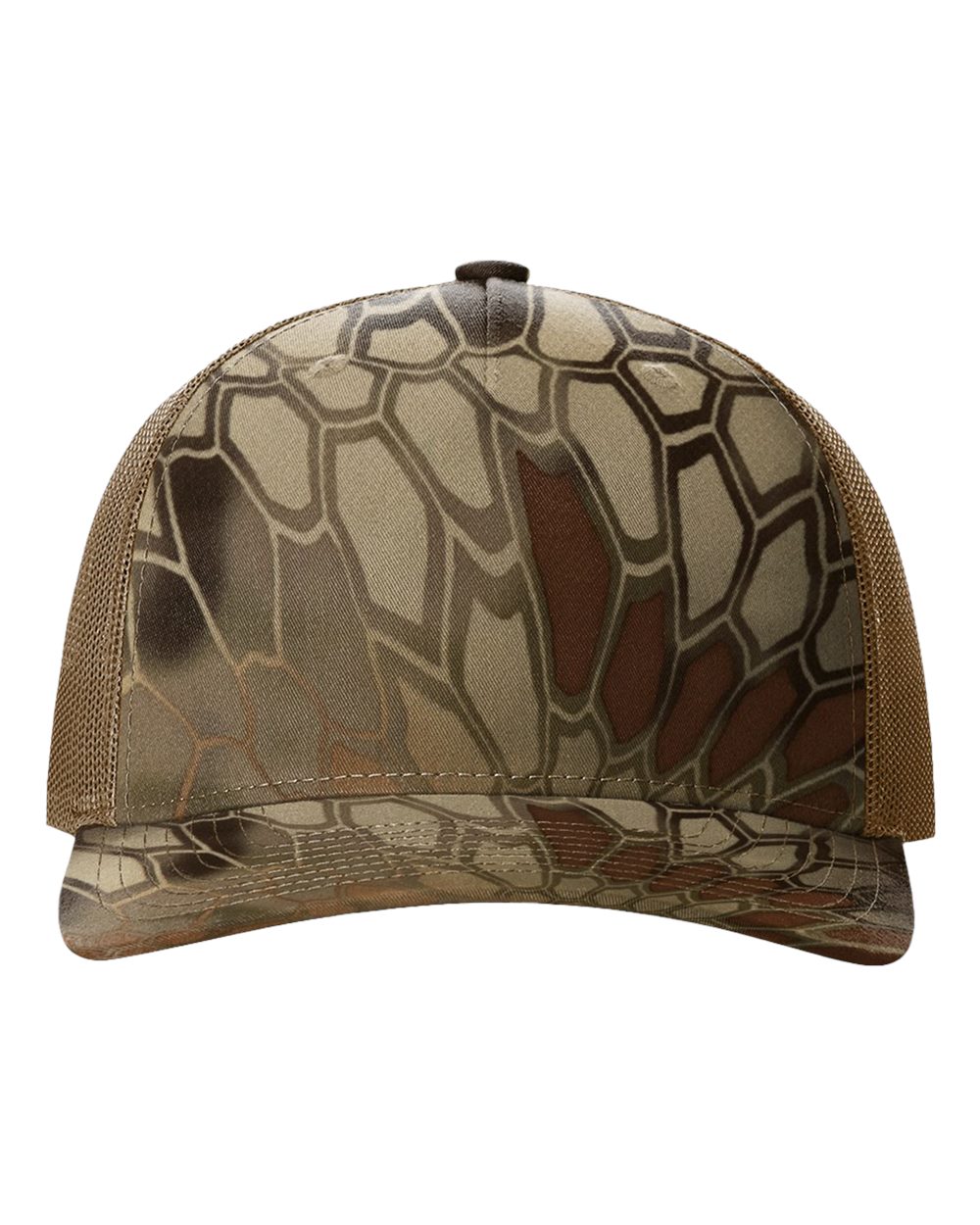 Olive camo trucker cap with tan mesh side panels and curved brim
