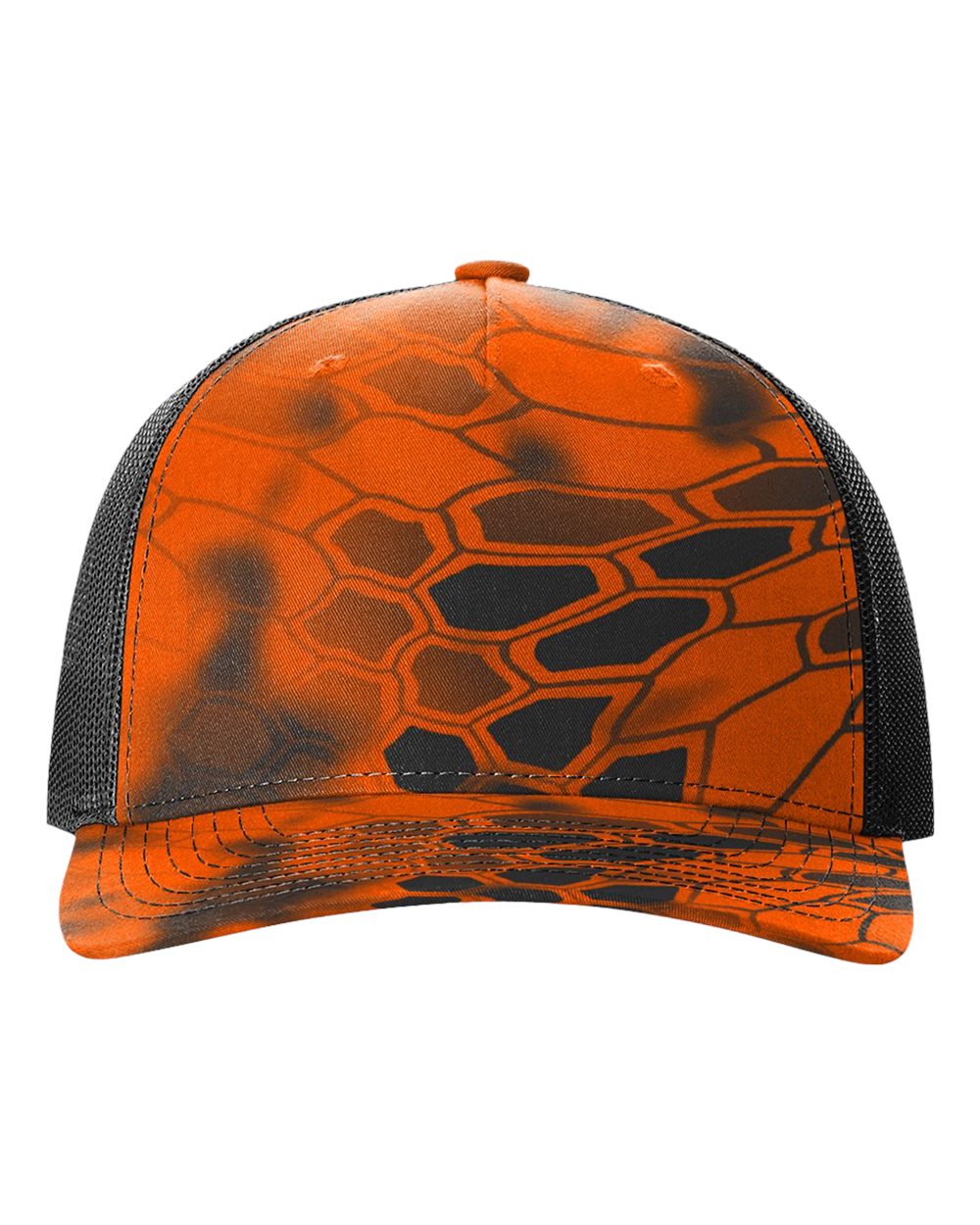 Orange camo trucker cap with black mesh side panels and curved brim
