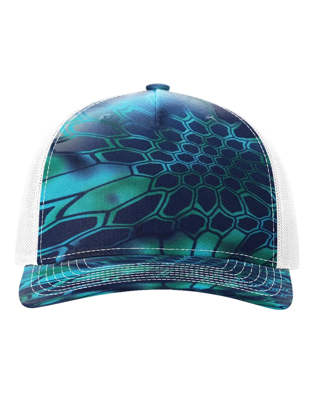 Blue-green camo trucker cap with white mesh side panels and curved brim