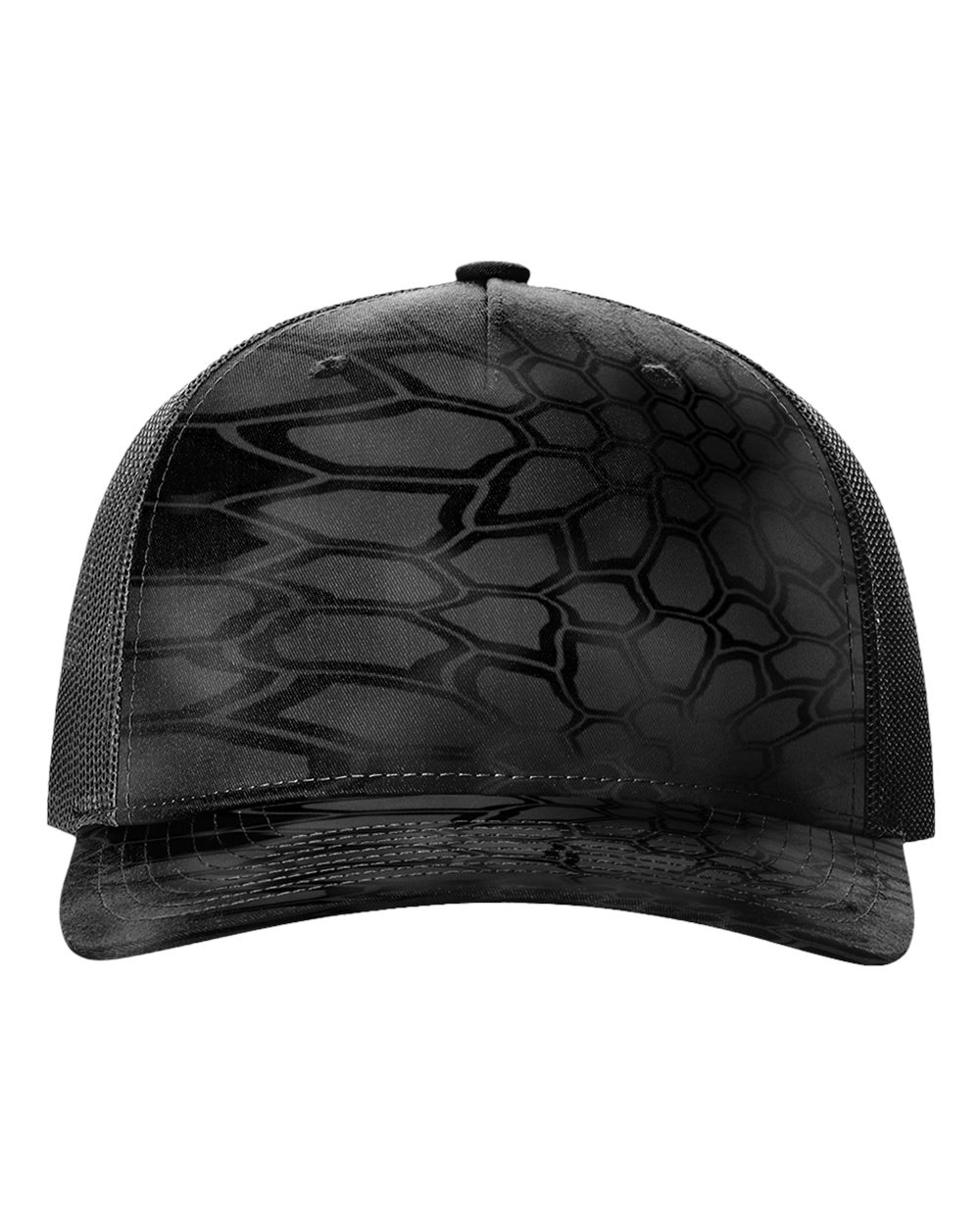 Trucker baseball cap with dark black camo pattern, curved brim, mesh back
