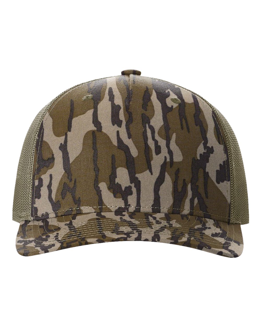Trucker baseball cap with camouflage print, curved brim, mesh side panels