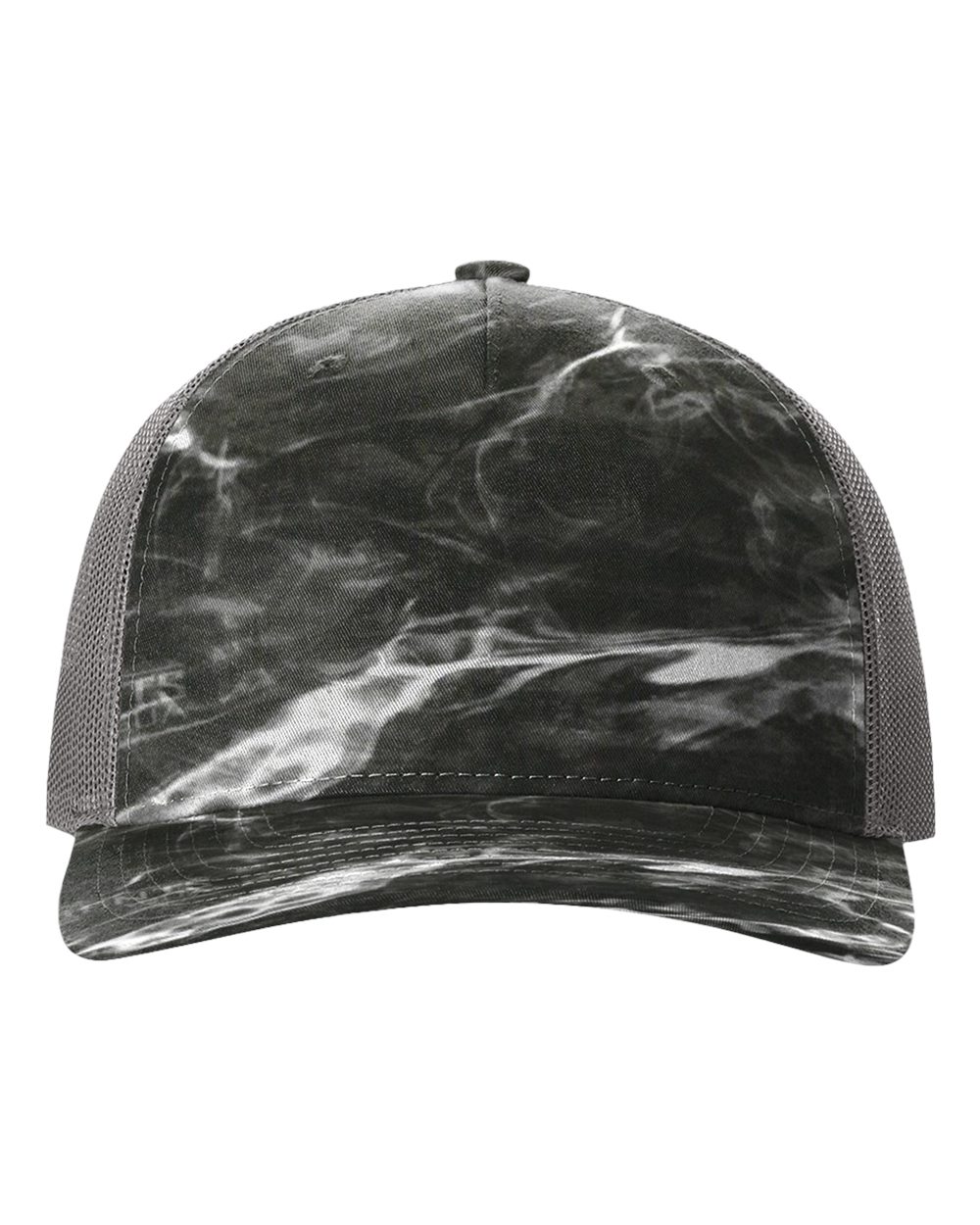 Trucker baseball cap with dark gray marbled pattern, curved brim, mesh back