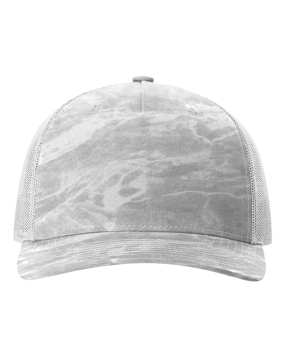 Light gray camouflage trucker cap with white mesh side panels and curved brim