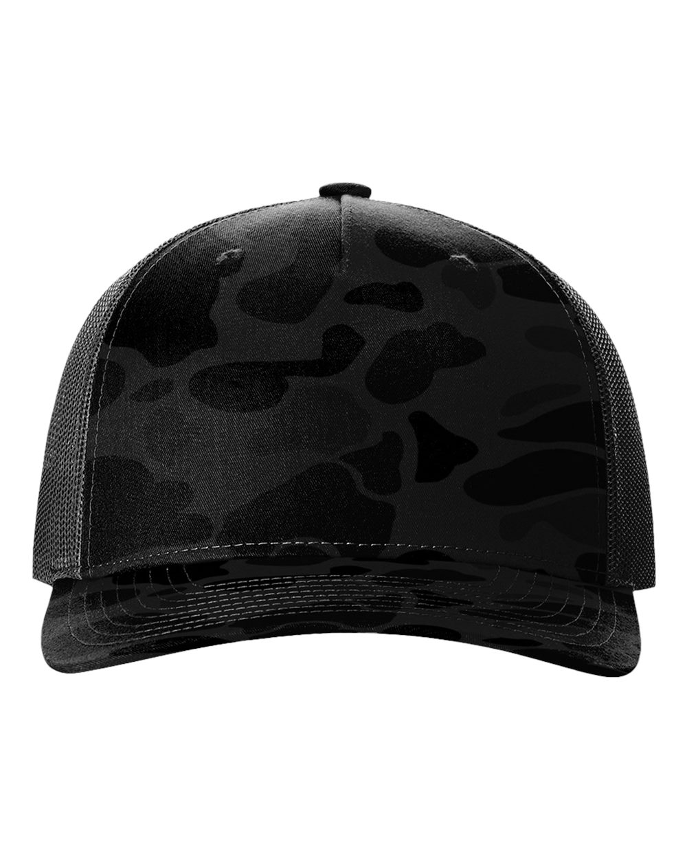 Dark camouflage trucker cap with black mesh side panels and curved brim