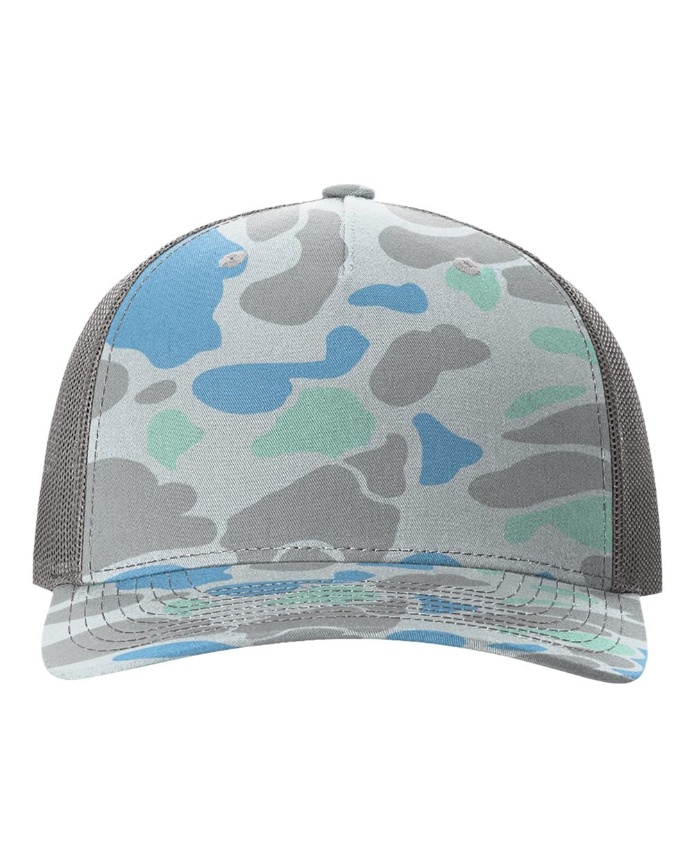 Gray-blue camouflage trucker cap with light gray mesh side panels and curved brim