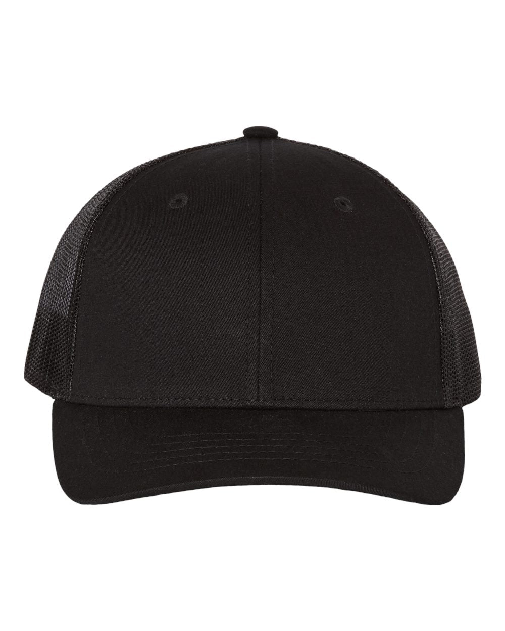 Youth trucker cap with black fabric front and black mesh panels