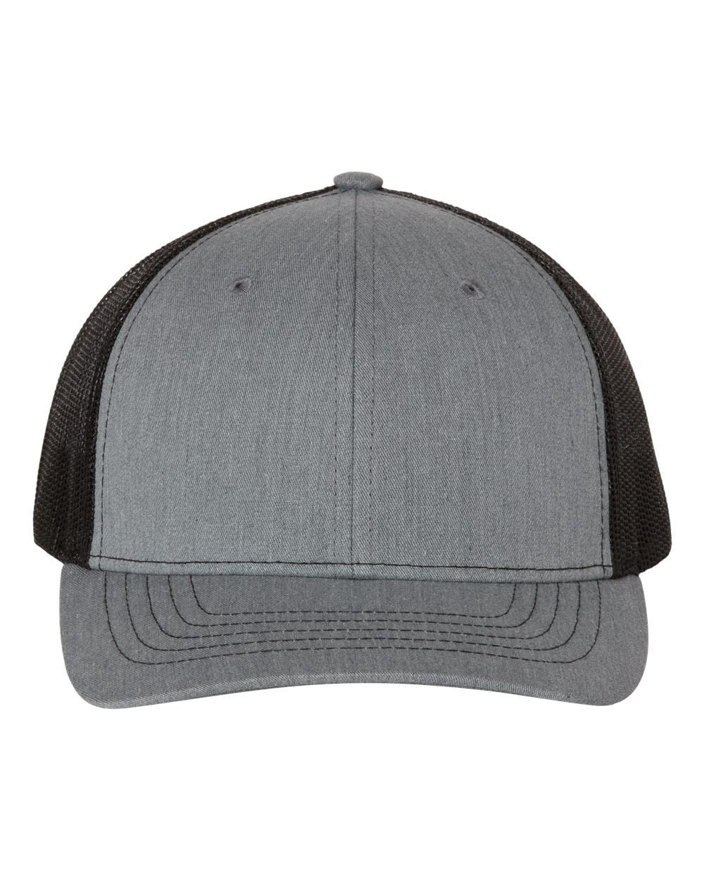 Youth trucker cap in heather gray with dark gray mesh panels and curved brim