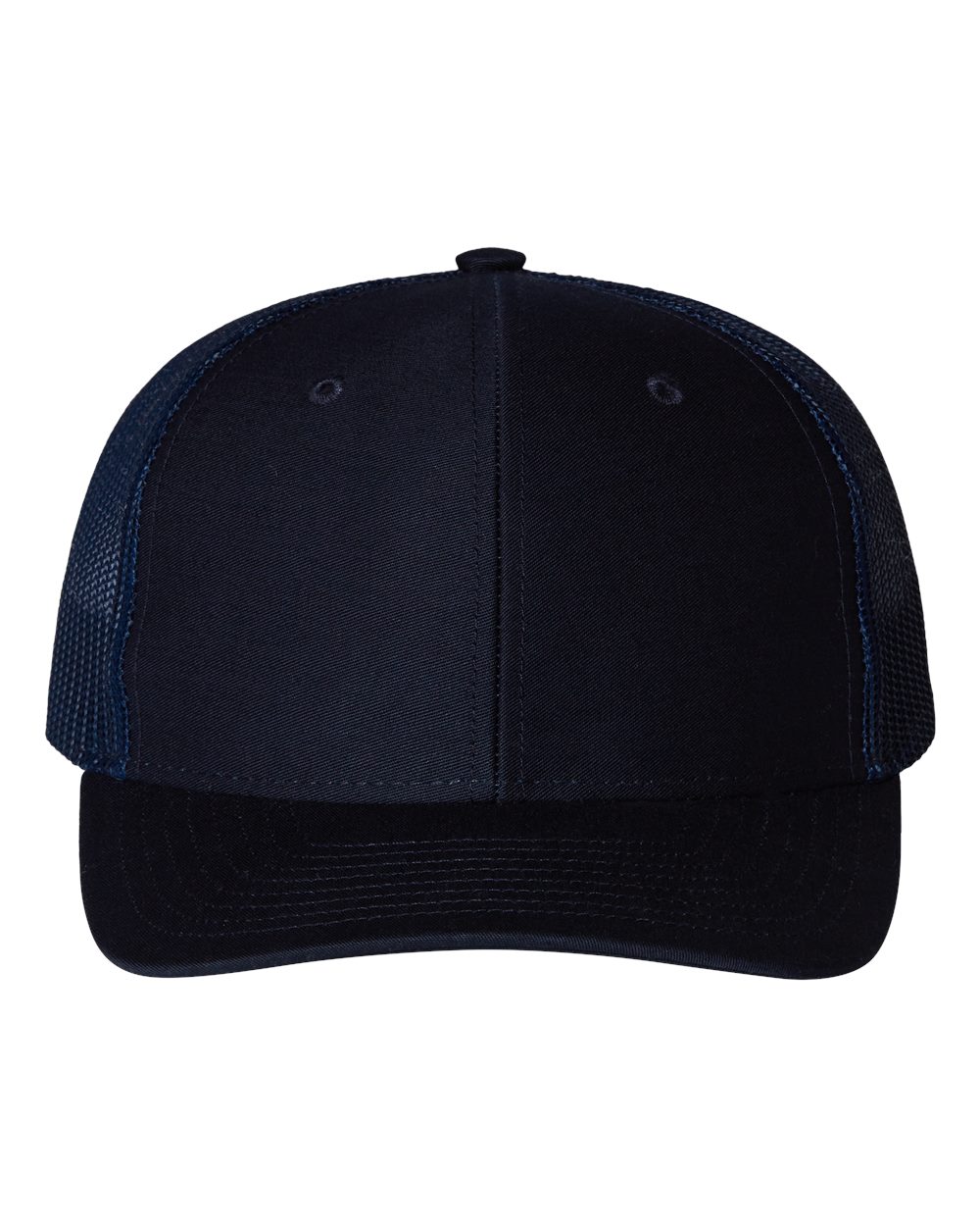 Youth trucker cap in dark navy with black front panel and navy mesh sides