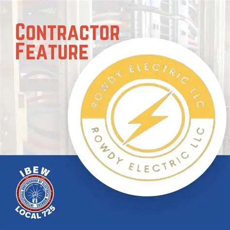 Rowdy Electric LLC logo with IBEW Local 725 logo on a blue and white background