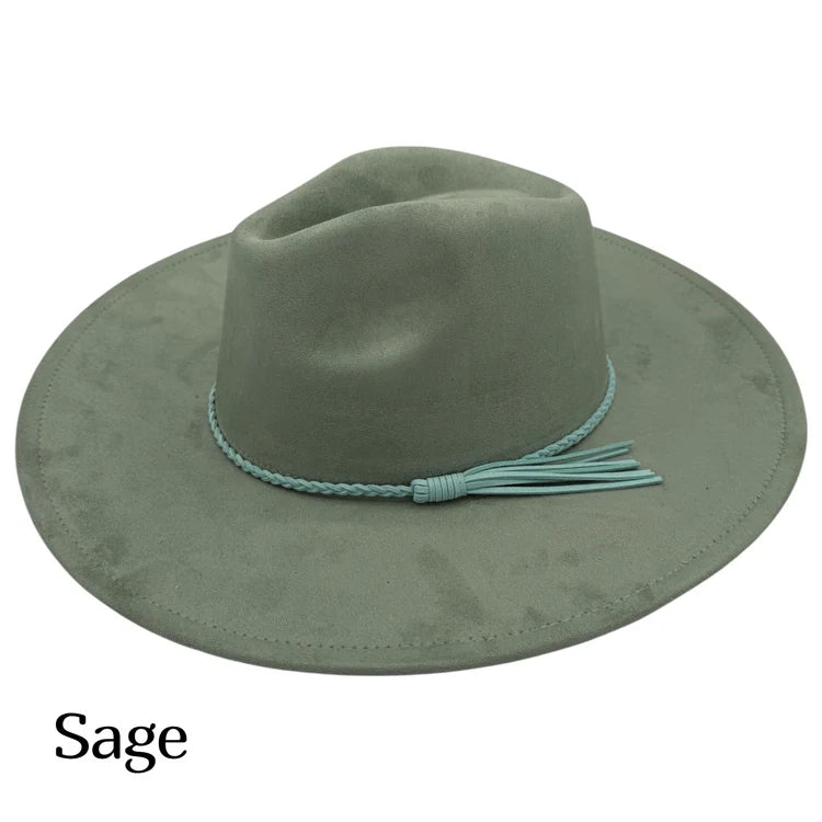 Sage suede fedora hat with braided band and blue tassel fringe