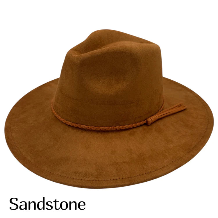 Tan suede fedora hat with wide brim and braided hatband