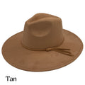 Tan suede fedora hat with braided band and short tassel fringe