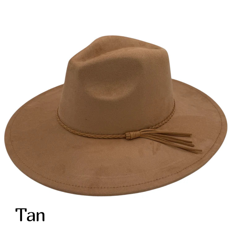 Tan suede fedora hat with braided band and short tassel fringe