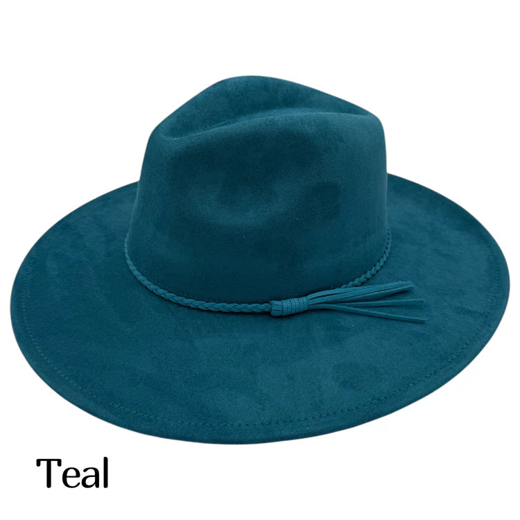 Teal suede fedora hat with wide brim and braided hatband knot