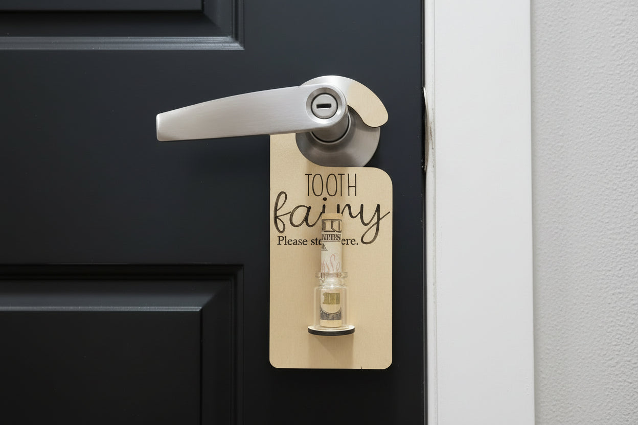 Tooth fairy door hanger with metal clip, 'TOOTH fairy' and 'Please stop here' card