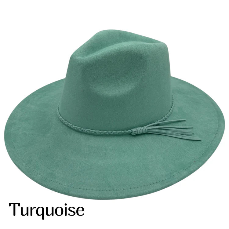 Turquoise suede fedora hat with wide brim and braided hatband tassels
