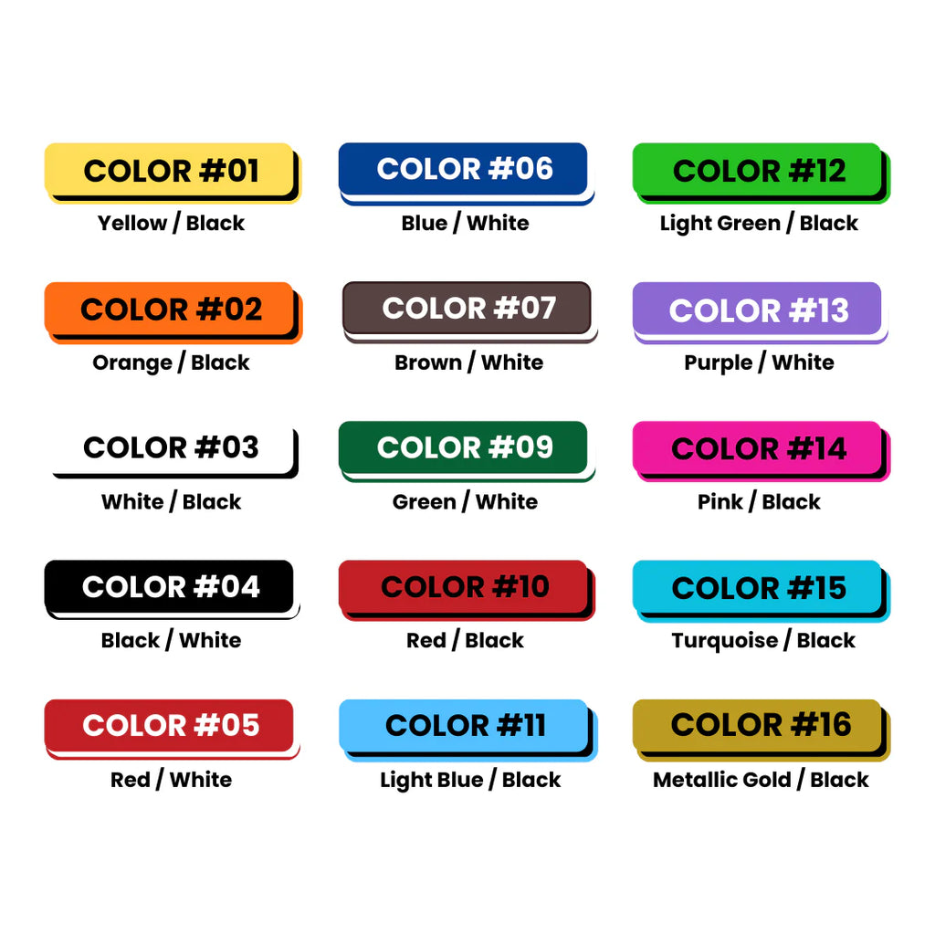 Large engraved cattle tags color chart, multiple color combos, labeled COLOR #01–#16