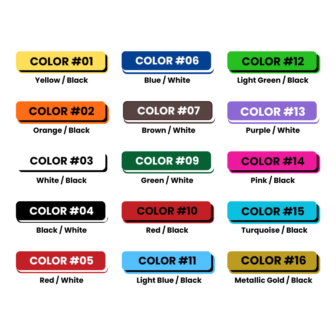Large engraved cattle tags color chart, multiple color combos, labeled COLOR #01–#16