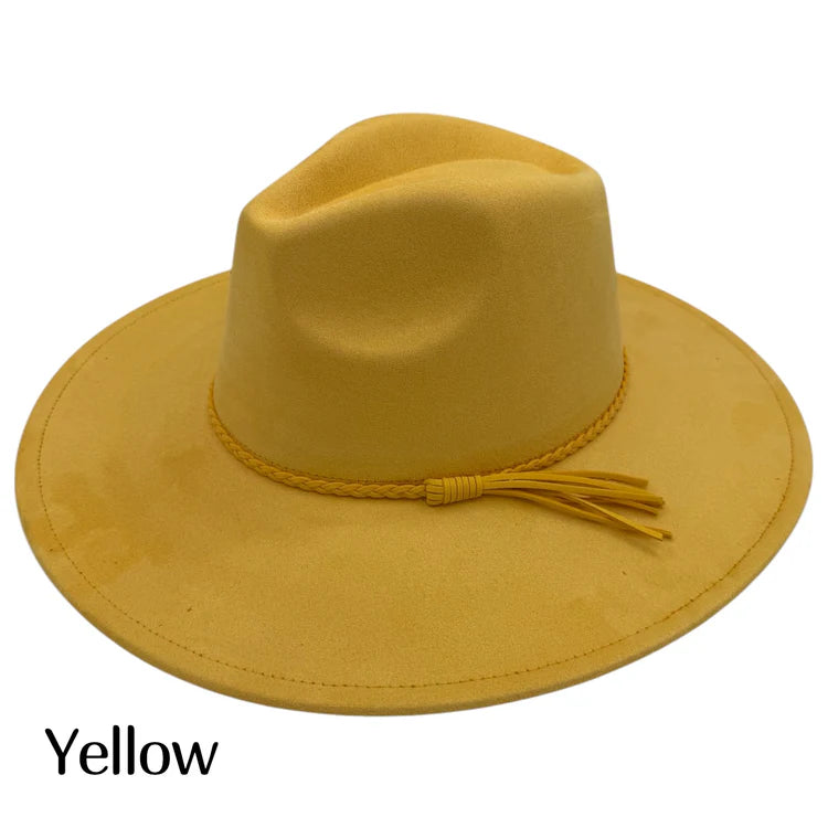 Yellow suede fedora hat with wide brim and braided hatband tassels