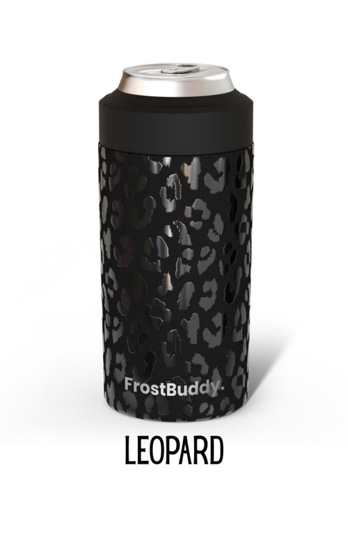 Insulated can cooler with black and dark leopard print wrap and silver metal lid