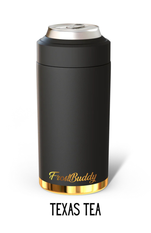Frost Buddy can cooler in black with gold bottom trim and script