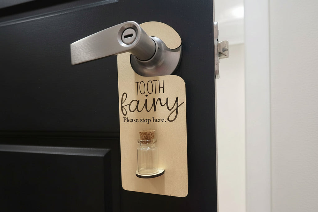 Tooth fairy door hanger with metal clip, 'TOOTH fairy' and bottle icon on card